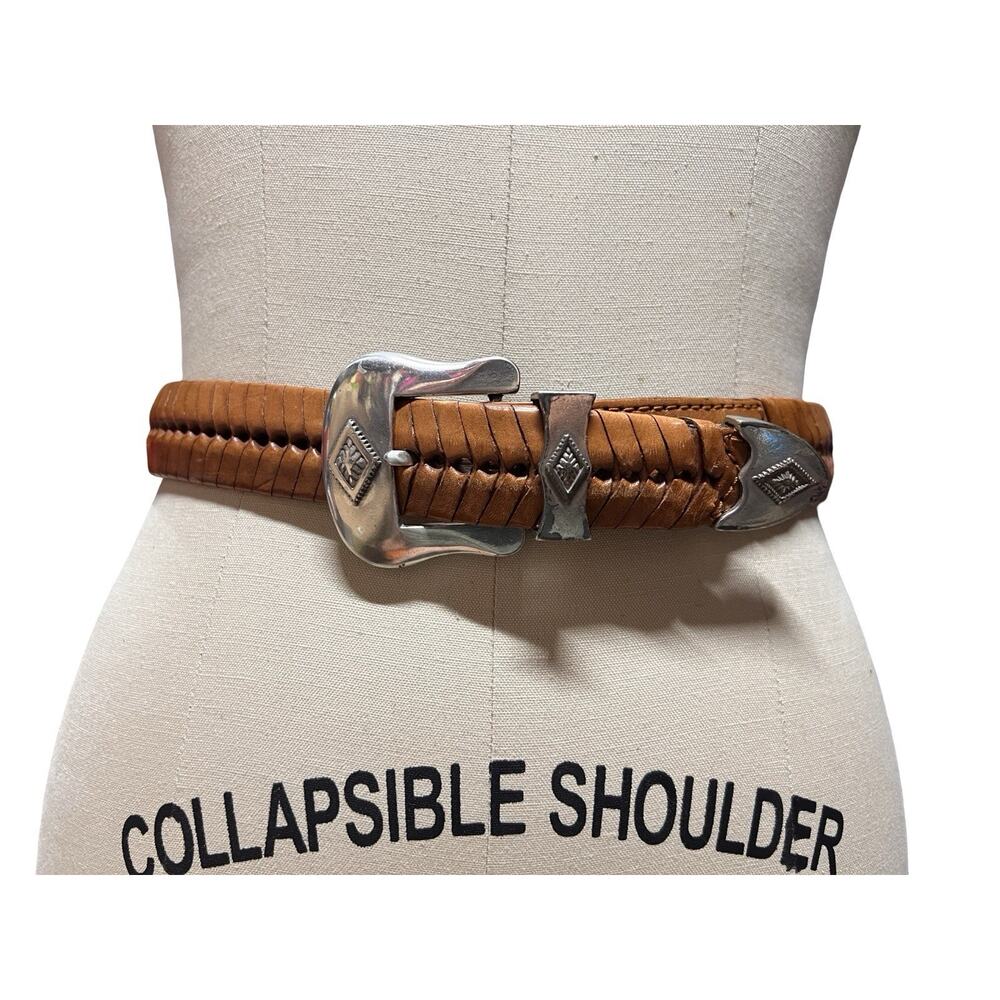 Vtg Brown Leather Fishtail Braided Silver Concho Western Festival Boho Belt 26